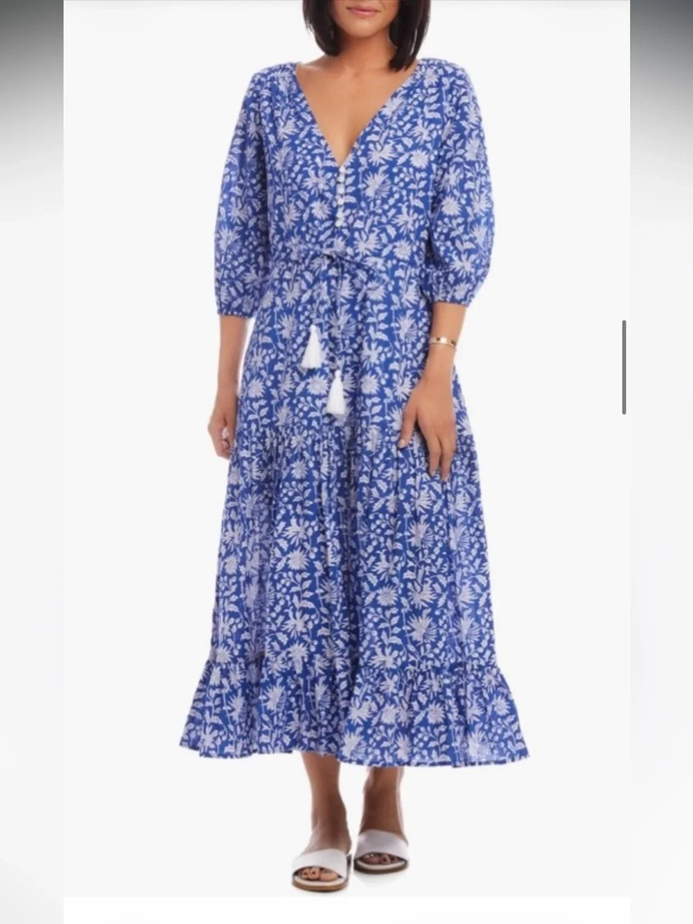 Karen Kane Cotton L Blue White Floral Tiered Maxi Dress V-Neck Tassel Drawstring